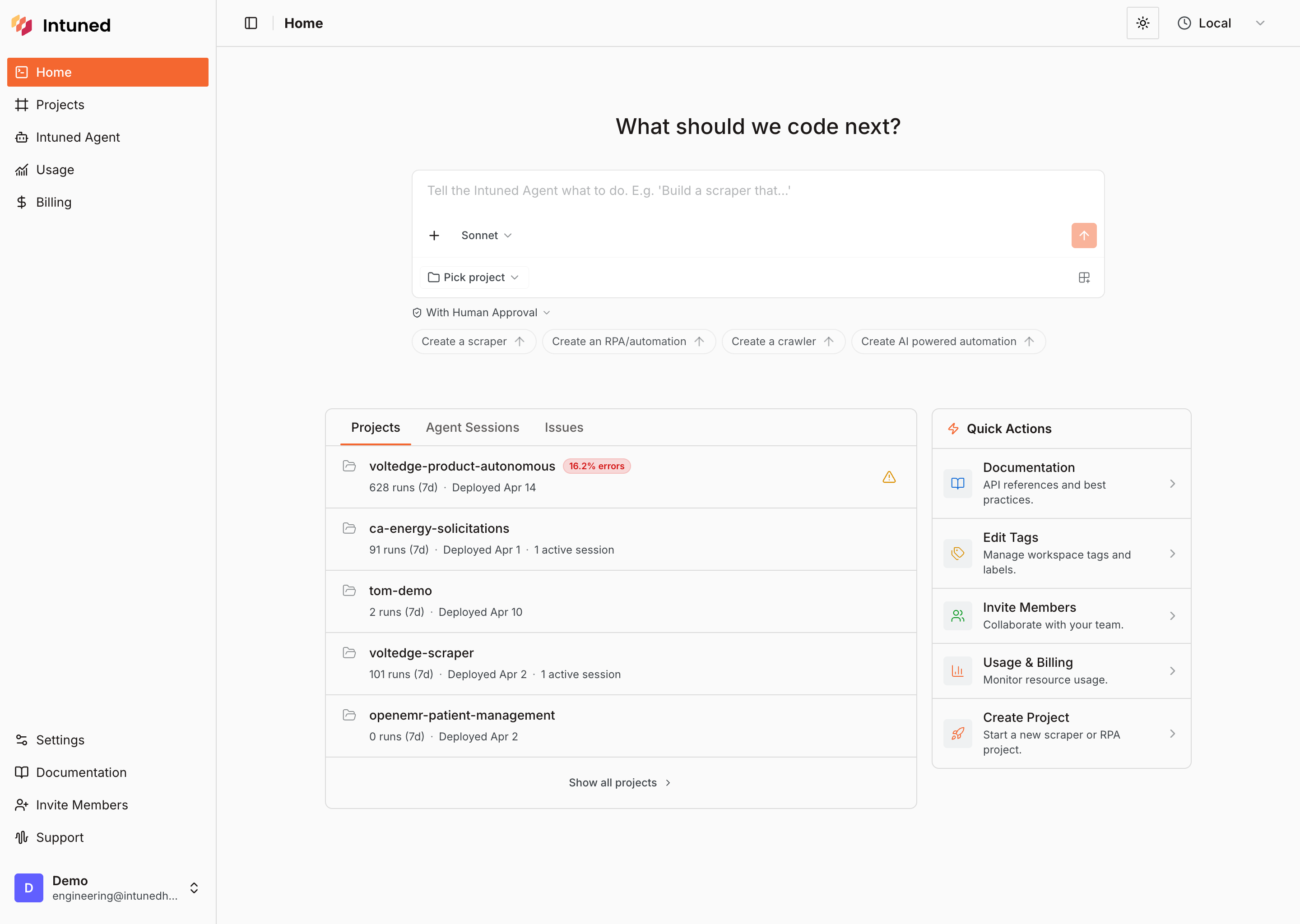 Editing a project in the Intuned IDE