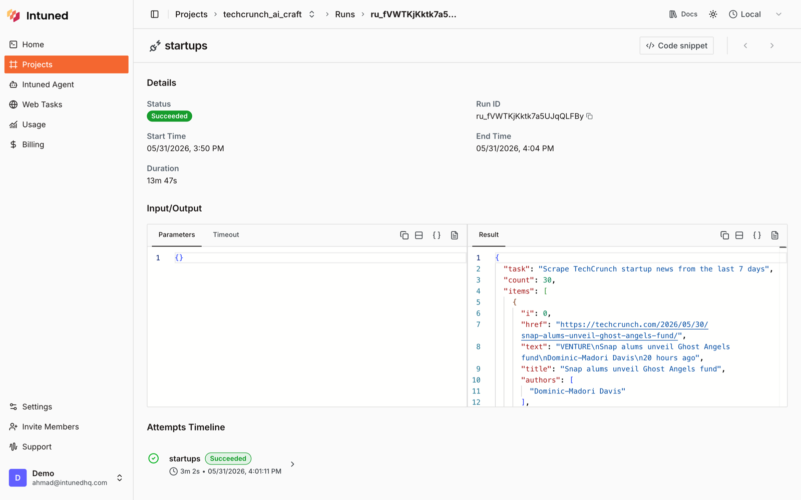 Intuned platform run result: the deployed automation returning the last 7 days of TechCrunch startup news as JSON