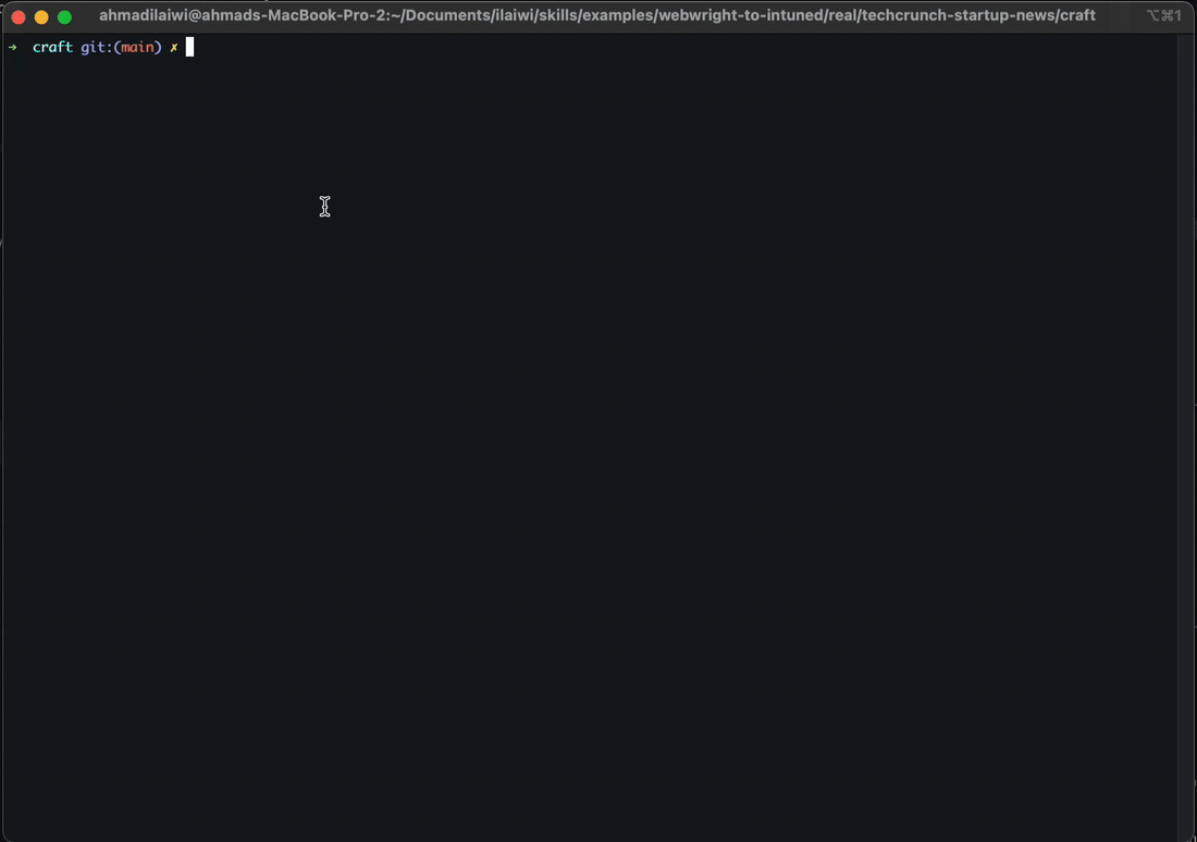 Terminal recording of the webwright-to-intuned skill running: npx skills add, intuned dev init, the file transform, intuned dev run, intuned dev deploy, and intuned platform runs start